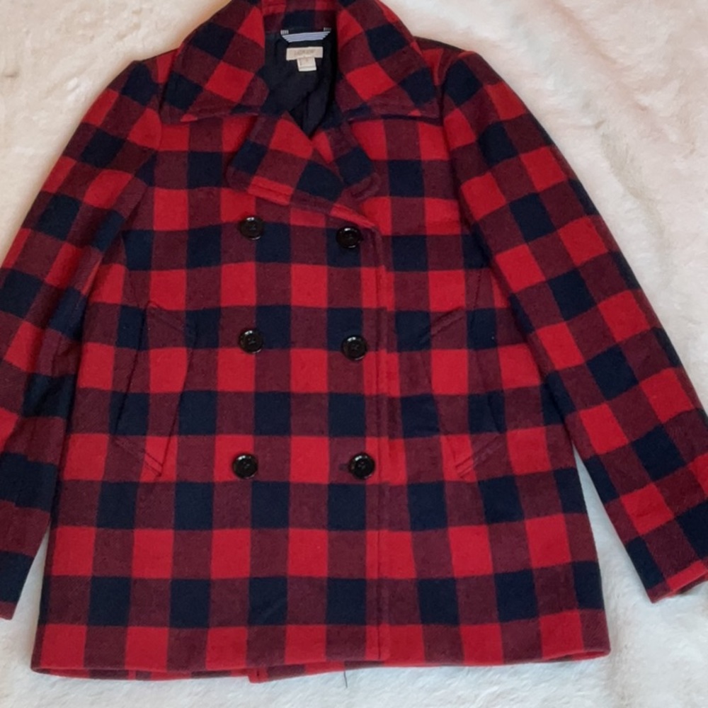 J. Crew Red and Navy Buffalo Check Peacoat - Picture 3 of 12